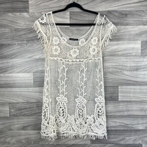 You Are Not Alone Crochet Cover-Up Tunic Women's M Beige‎ Floral Beachwear Boho